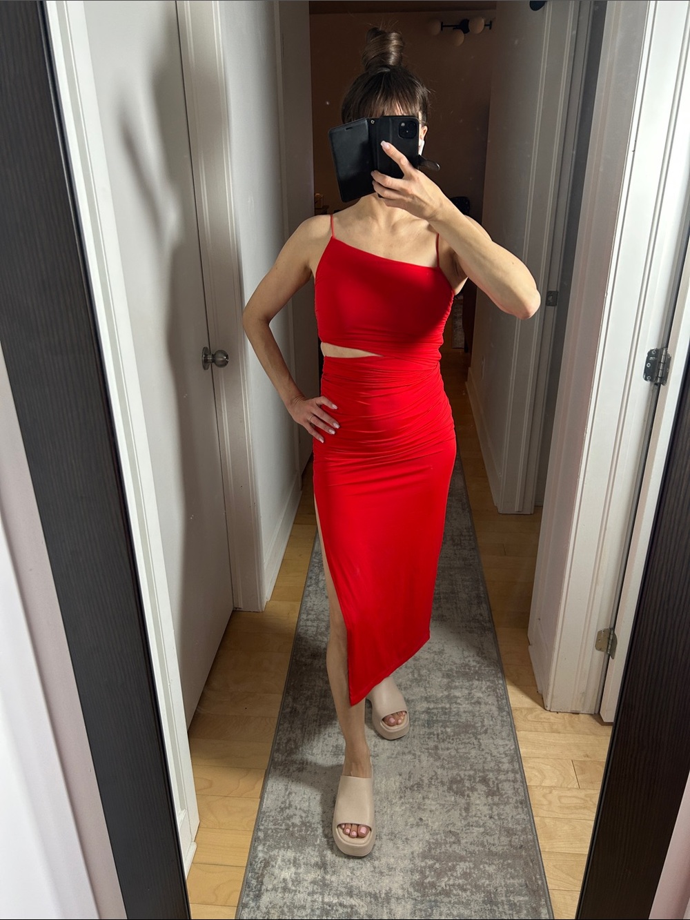 Zara Red Asymmetric Cutout Bodycon Dress Small | High Slit & Sculpting Fit